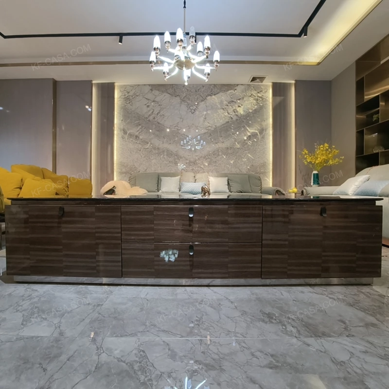 Sophisticated TV Stand with Dark Marble Top, Natural Wood Veneer Panels and Concealed Storage Drawers